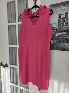 Kasper Hot Pink V-Neck Sleeveless Sheath with Ruffle Collar